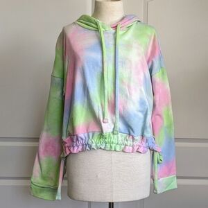 Blank NYC Hoodie Tie Dye Long Sleeve Pullover Ruched Hem Ties Multicolor M NWT